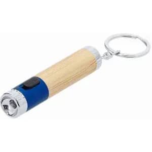 A keychain flashlight with a wooden body and blue accents, featuring a silver keyring attachment.