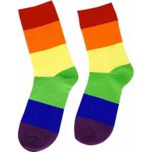 A pair of socks featuring horizontal stripes in red, orange, yellow, green, blue, and purple colours.