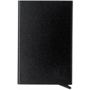 A black notebook with a textured cover and a ribbon bookmark, featuring a logo on the front.