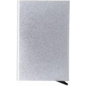 A silver glitter notebook with a black ribbon bookmark and a smooth cover. It features a simple design with no visible branding.
