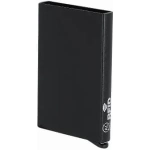 A sleek black RFID blocking wallet with a minimalist design and a curved edge for easy access.