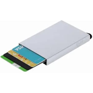 A card holder featuring a sleek silver design with multiple cards partially inserted.