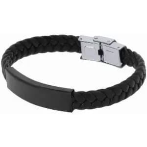 A black braided bracelet with a metallic clasp and a smooth black accent piece. It features a glossy finish.