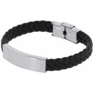 A black braided bracelet featuring a shiny silver rectangular plate and a clasp design.
