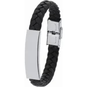 A black braided leather bracelet featuring a silver clasp and a polished silver plate.