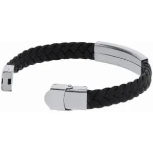 A black braided bracelet with silver metal clasps, featuring a sleek, minimalist design.