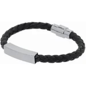 A braided black leather bracelet with a silver metallic clasp. The design is simple and modern.