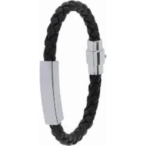 A black braided leather bracelet featuring a sleek silver clasp and decorative metal accents.