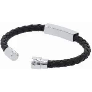 A black braided bracelet with silver-tone metal accents and a clasp closure.