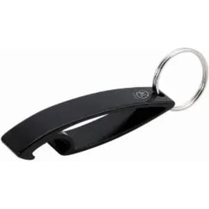A black bottle opener keychain featuring a sleek design and a metal keyring attachment.