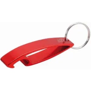 A red bottle opener keychain with a sleek design, featuring a keyring attachment.