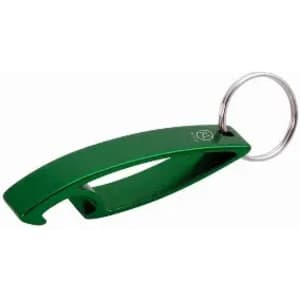 A green metal bottle opener with a keyring attachment, featuring a sleek, curved design.