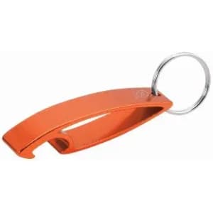 An orange bottle opener with a keyring attachment, featuring a sleek, ergonomic design.