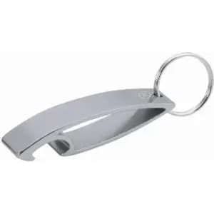 A silver bottle opener keychain with a smooth, curved design and a metal ring.
