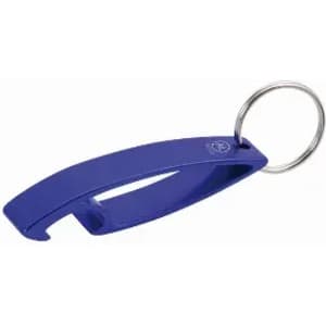 A drink bottle opener in a sleek blue design, featuring a key ring attachment for convenience.