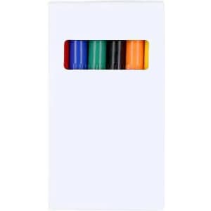 A box containing six markers in green, black, orange, yellow, blue, and red, with a white exterior and a viewing window.