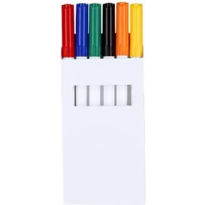A pack of six markers in red, green, blue, yellow, black, and orange, with a white holder.