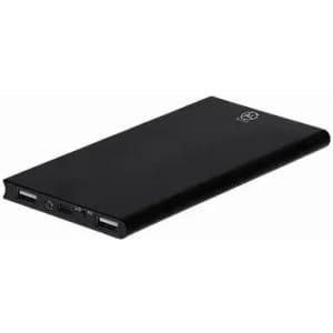 A power bank in black, featuring USB ports and a sleek, slim design. It has a logo on one side.