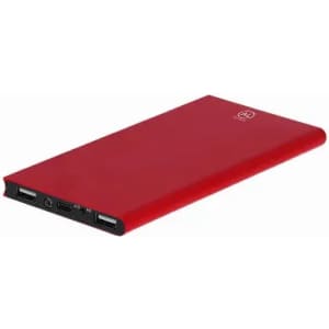 A power bank in bright red, featuring multiple ports for charging devices and a logo on the surface.