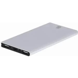 A portable power bank in silver, featuring multiple USB ports and a sleek design. It has a logo on the surface.