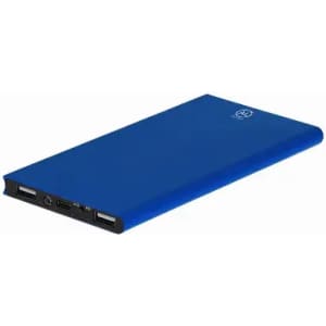 A blue power bank with a sleek design and multiple ports, featuring a logo on the front.