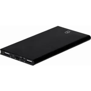 A black portable charger with multiple ports and a sleek, slim design. It features a logo.