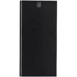 A black notebook with a textured cover and a logo on the top.