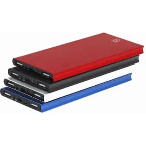 A set of four portable chargers in red, black, white, and blue, featuring various USB ports and a logo.
