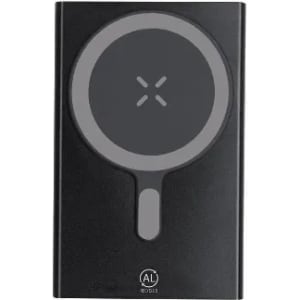 A wireless charging pad in black with a circular charging surface and an integrated logo.