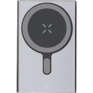 A slim wireless charger in grey with a circular charging pad and a central indentation for alignment.