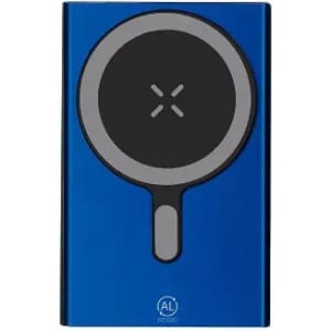 A blue product featuring a circular black charging area and a sleek design, with a logo displayed.
