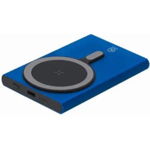 A wireless charger in a sleek blue design, featuring a circular charging pad and a USB-C port.