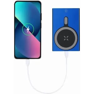 A blue magnetic power bank connected to a smartphone displaying a charging icon. Stylish and portable design featured.