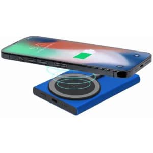 A wireless charger in blue, with a smartphone displaying a charging indicator above it.