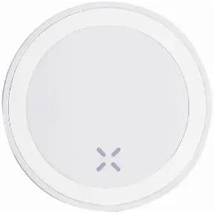 A circular white product with a minimalistic design and a logo in the centre.