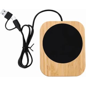 A wireless charger with a bamboo base and a circular black charging area, accompanied by a USB cable.