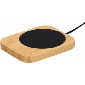 A wireless charger with a bamboo base and a black charging area, connected by a cable.