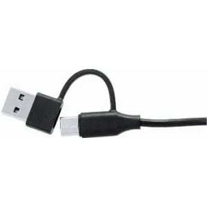 A black USB cable featuring a standard USB connector and a smaller connector, with a slight twist in the cable.