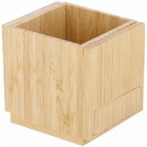 A wooden storage box made of light bamboo, featuring a square design and an open top.