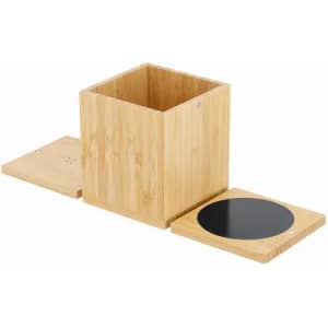 A bamboo storage box with a removable lid and a circular black base. The box is open, showcasing its spacious interior.