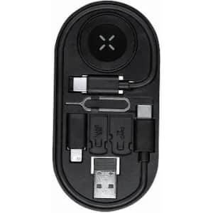 A charging kit featuring various cables in black, including USB, Lightning, and USB-C connectors, arranged in an oval case.