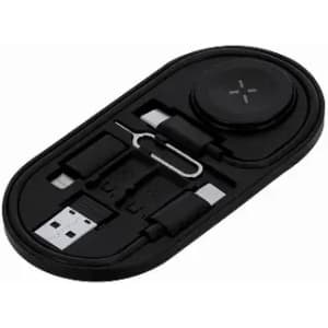 A black charging kit with a wireless charger, USB cables, and a SIM card ejector tool in a compact case.