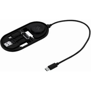 A charging station with various connectors and a USB-C cable, featuring a sleek black design.