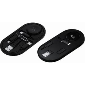 A USB charging kit featuring a sleek black design with various connectors and a logo on the surface.