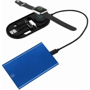A charging station displaying a blue power bank and a smartwatch charging pad, both with black components.