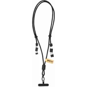 A lanyard with adjustable black cords and metal clips, featuring a tag made of RPET material.