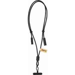 A black lanyard with adjustable ends, featuring two cord grips and a logo tag.