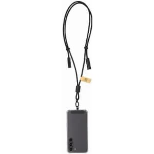 A phone case with a black lanyard for easy carrying; includes a toggle and features a branding logo.