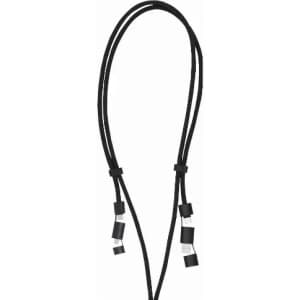 A black lanyard with clear and black clips at the ends, designed for holding items securely.