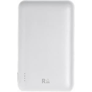 A portable power bank in white with a smooth finish and a branding logo. Four indicator lights are visible on the side.